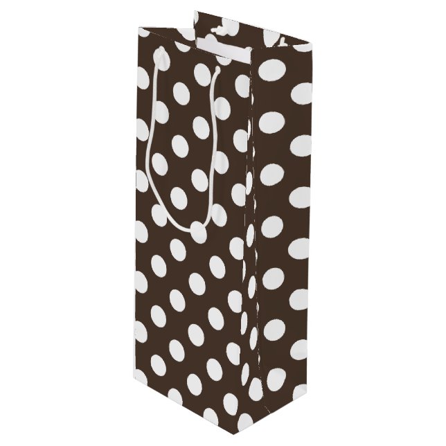 White polka dots on brown wine gift bag (Front Angled)