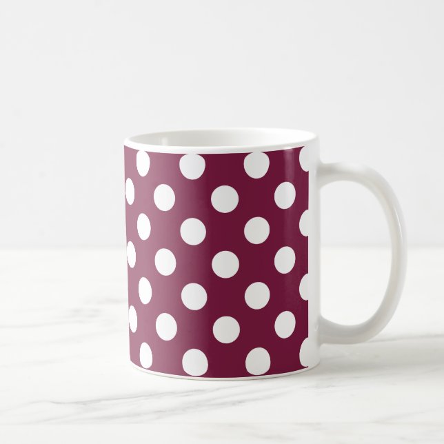 White polka dots on burgundy coffee mug (Right)