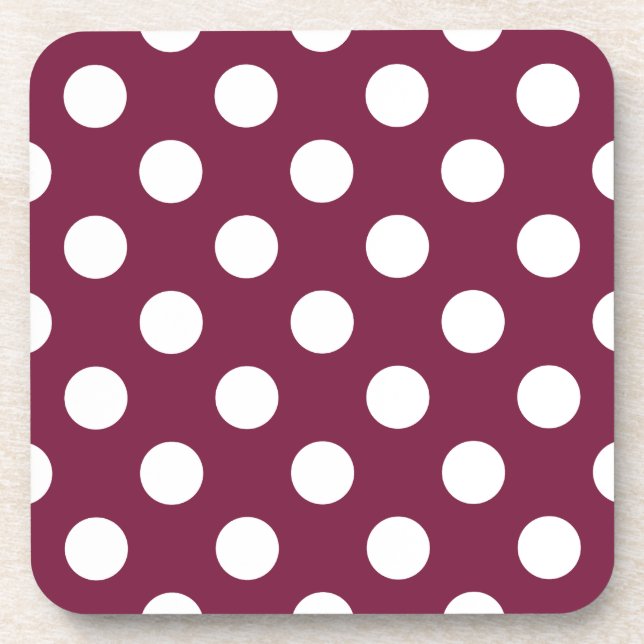 White polka dots on burgundy drink coaster (Front)