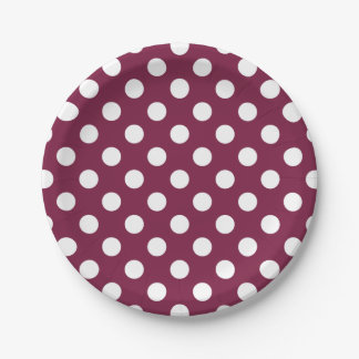 White polka dots on burgundy paper plates