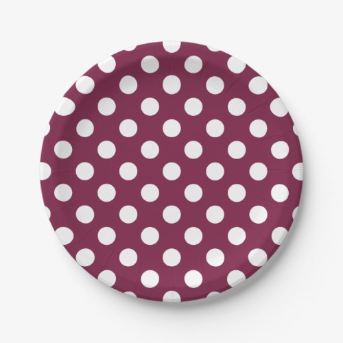 White polka dots on burgundy paper plates