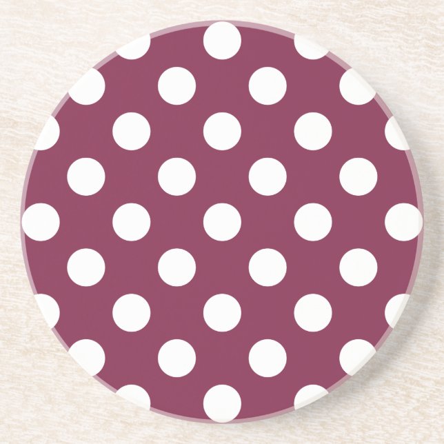 White polka dots on burgundy sandstone coaster (Front)