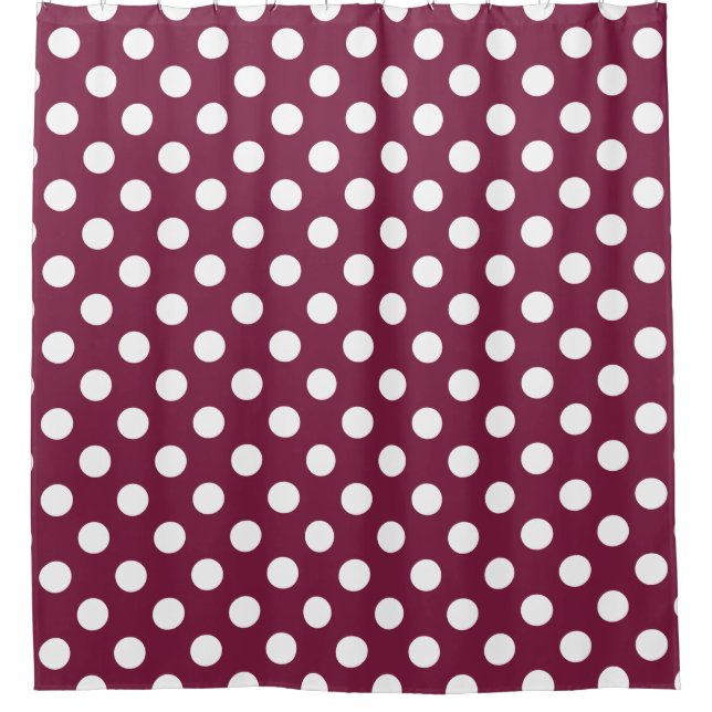 White polka dots on burgundy shower curtain (Front)