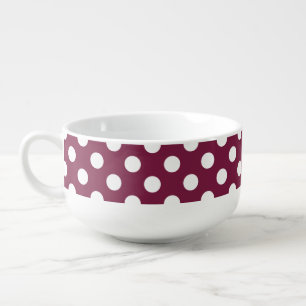 White polka dots on burgundy soup mug