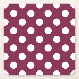 White polka dots on burgundy square paper coaster