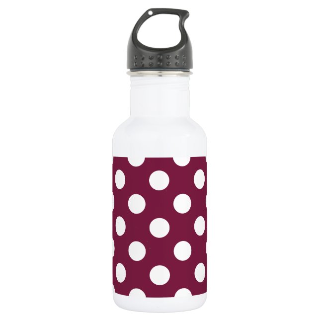White polka dots on burgundy water bottle (Front)