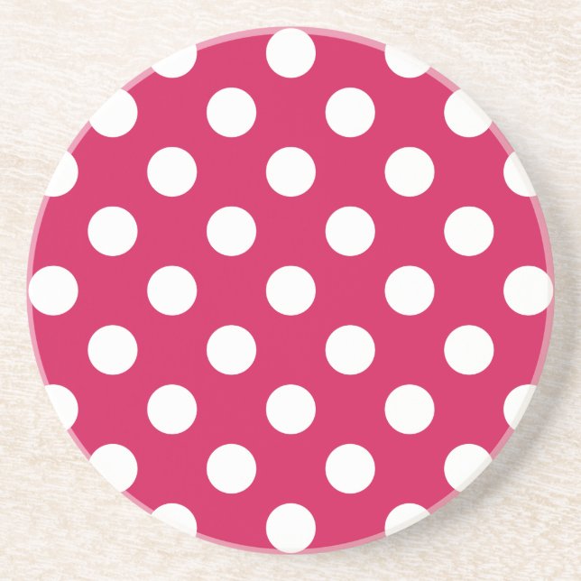 White polka dots on cerise drink coaster (Front)