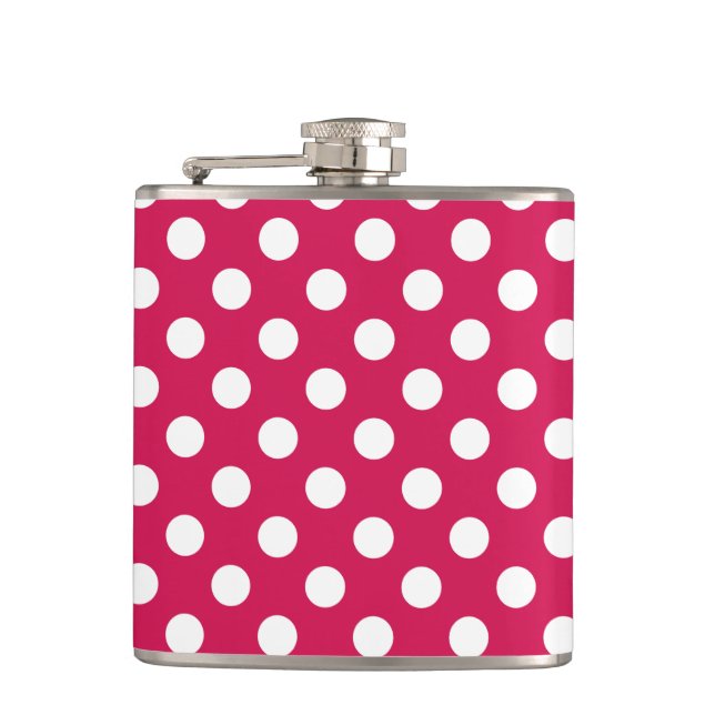 White polka dots on cerise hip flask (Front)
