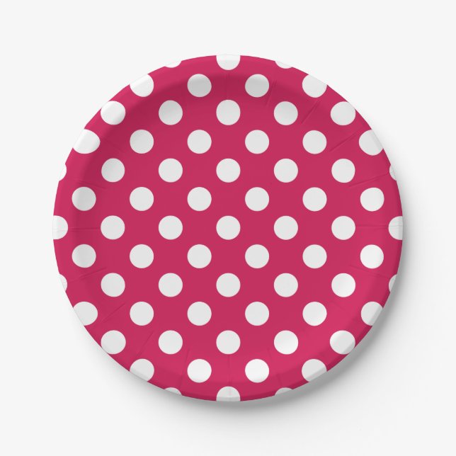 White polka dots on cerise paper plates (Front)