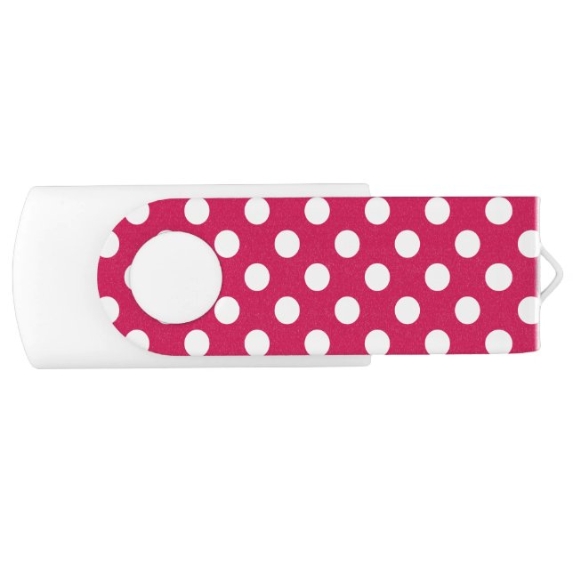 White polka dots on cerise USB flash drive (Front)