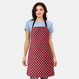 White Polka Dots on Crimson Red Background Apron