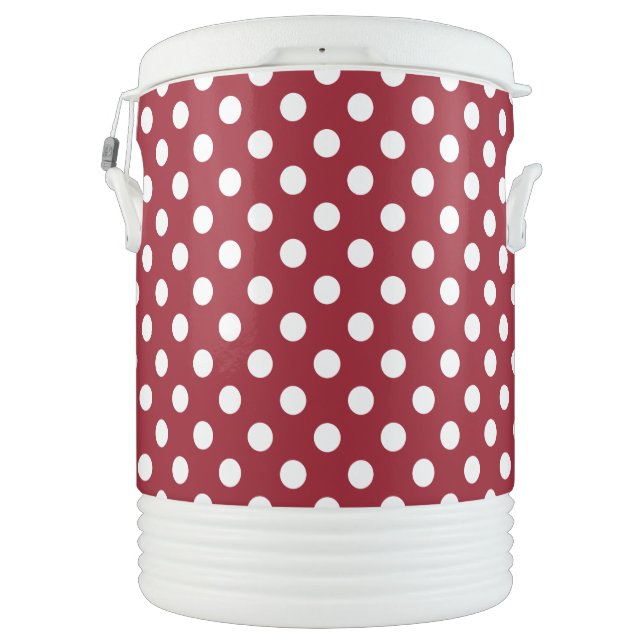 White Polka Dots on Crimson Red Beverage Cooler (Back)