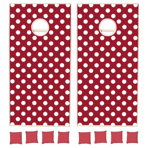 White Polka Dots on Crimson Red Cornhole Set