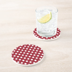 White Polka Dots on Crimson Red Drink Coaster