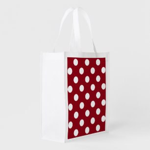 White Polka Dots on Crimson Red Reusable Grocery Bag