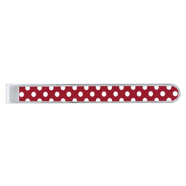 White Polka Dots on Crimson Red Silver Finish Tie Clip (Front)
