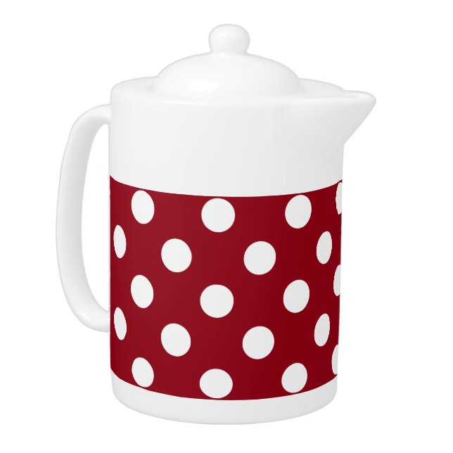 White Polka Dots on Crimson Red Teapot (Left)