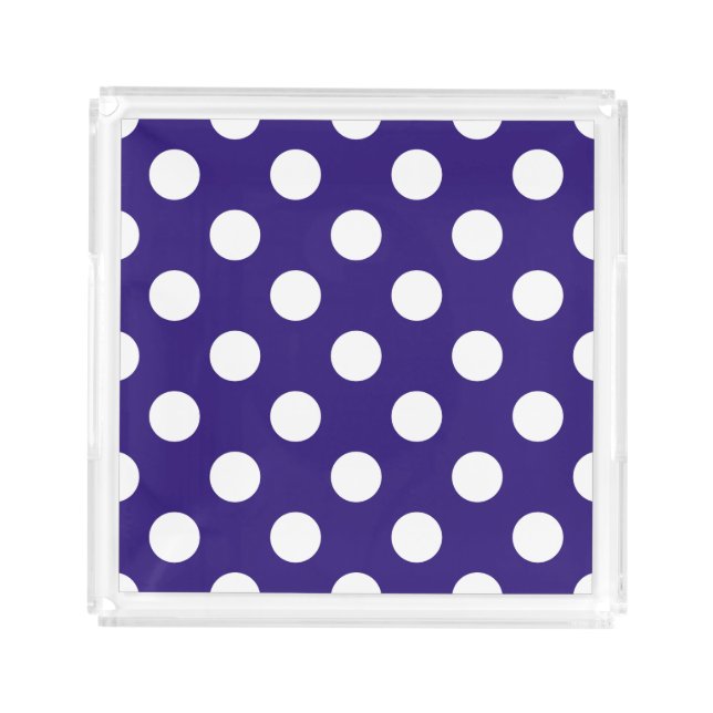 White polka dots on dark blue acrylic tray (Front)