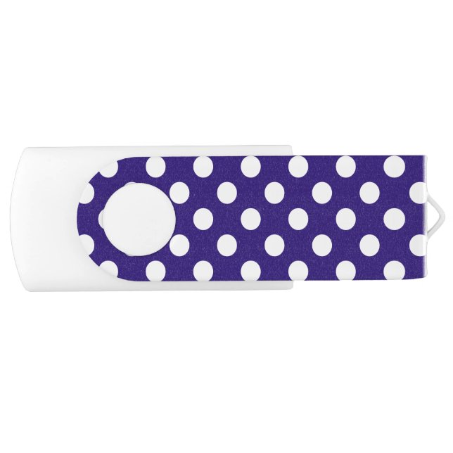 White polka dots on dark blue flash drive (Front)