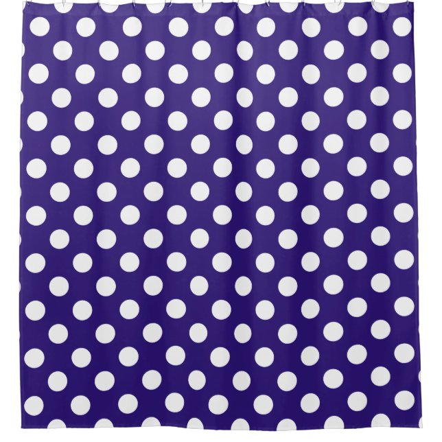 White polka dots on dark blue shower curtain (Front)
