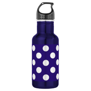 White polka dots on dark blue water bottle