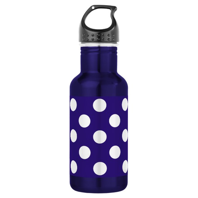 White polka dots on dark blue water bottle (Front)