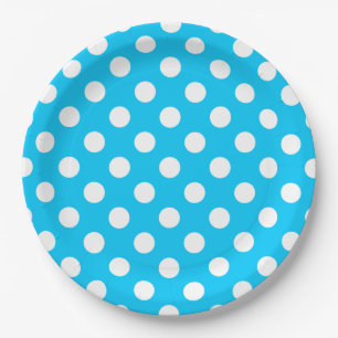 White polka dots on electric blue paper plates