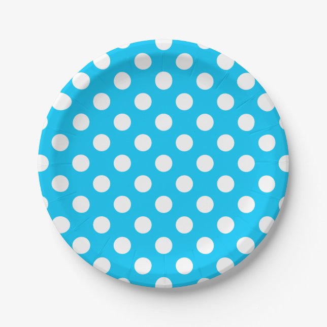 White polka dots on electric blue paper plates (Front)