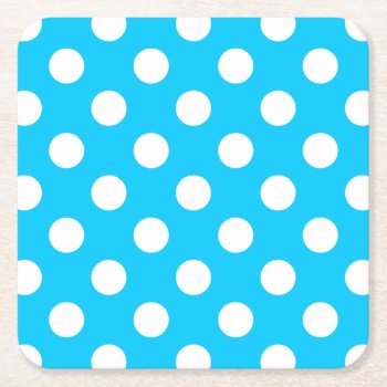 White Polka Dots On Electric Blue Square Paper Coaster by FarmingBackwards at Zazzle