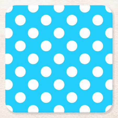 White Polka Dots On Electric Blue Square Paper Coaster