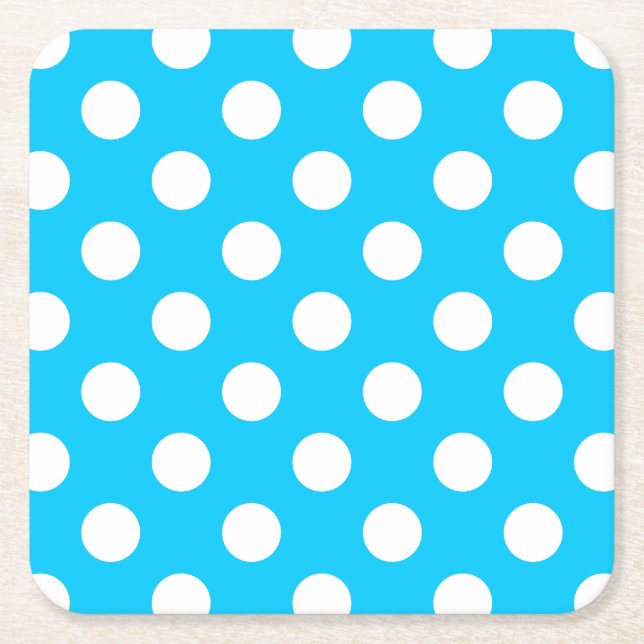 White polka dots on electric blue square paper coaster (Front)