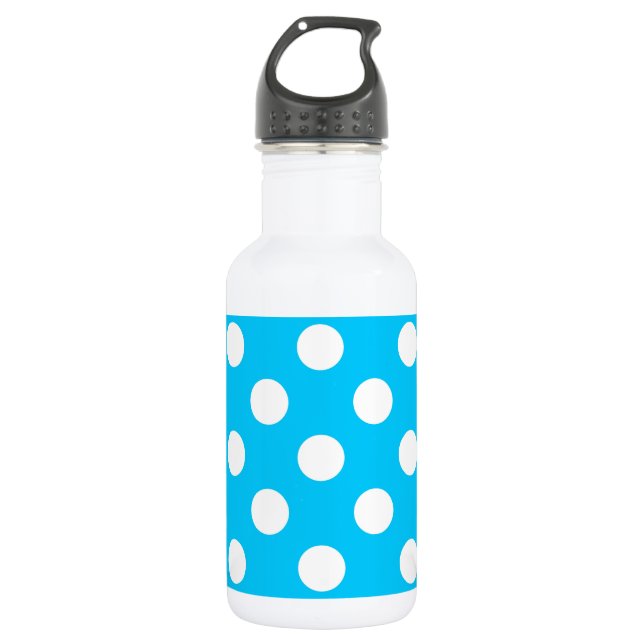 White polka dots on electric blue stainless steel water bottle (Front)
