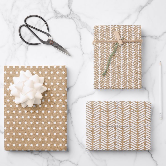 White Polka Dots On Faux Rustic Brown Kraft Wrapping Paper Sheets (Front)