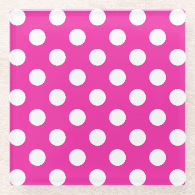 White polka dots on fuchsia glass coaster (Front)