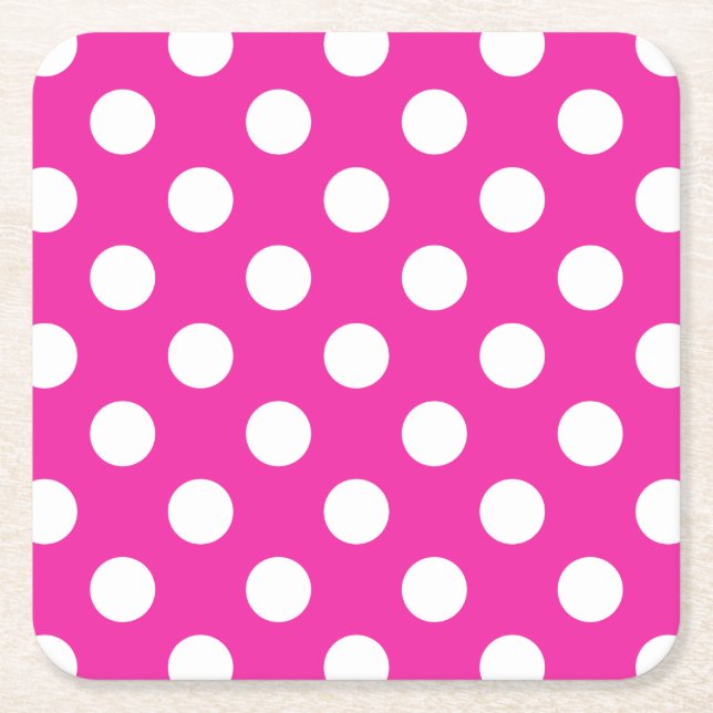 White polka dots on fuchsia square paper coaster (Front)