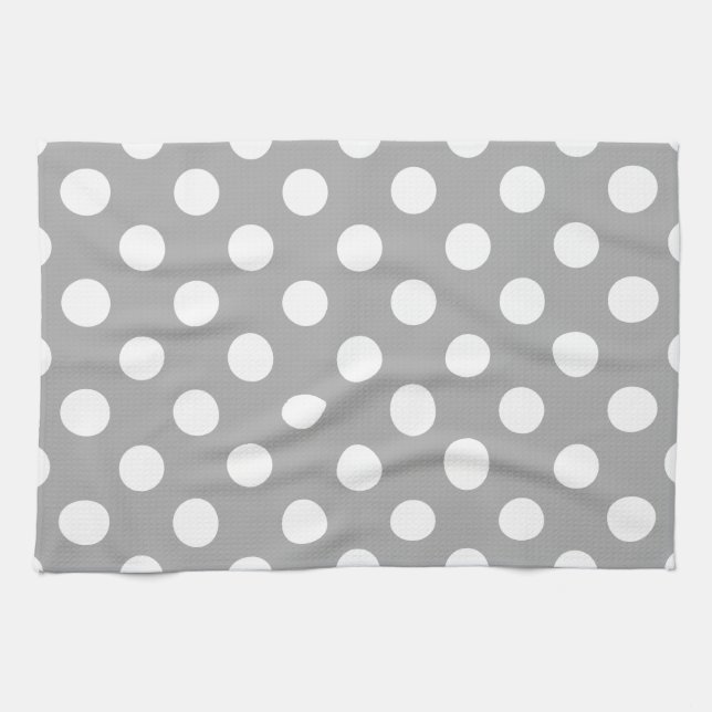 White polka dots on gray kitchen towel (Horizontal)