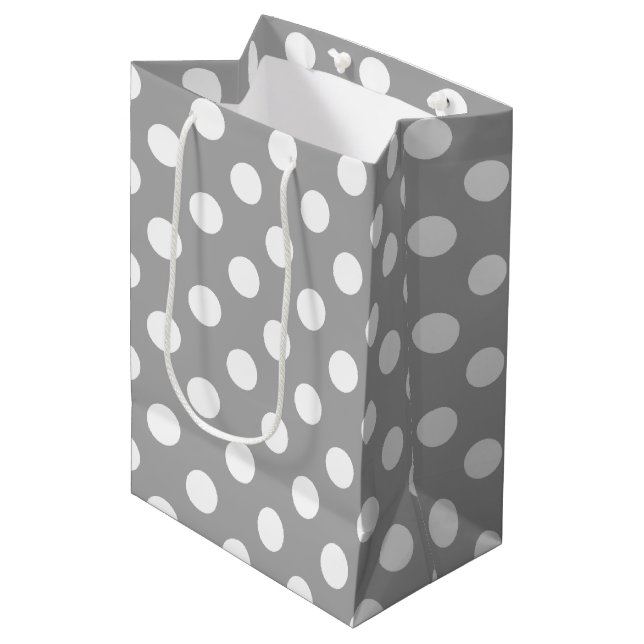 White polka dots on gray medium gift bag (Front Angled)