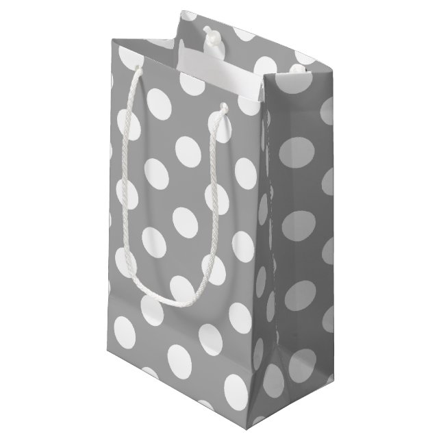 White polka dots on gray small gift bag (Front Angled)