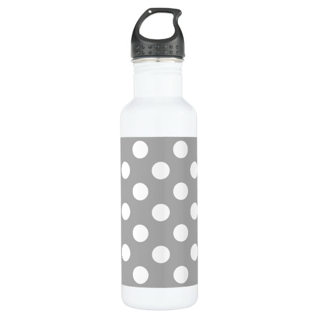White polka dots on gray stainless steel water bottle (Front)