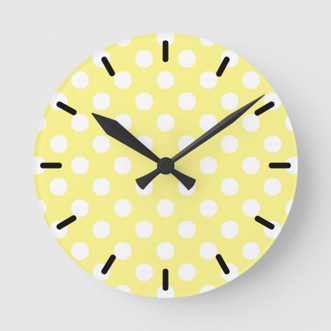 White polka dots on lemon yellow round clock (Front)