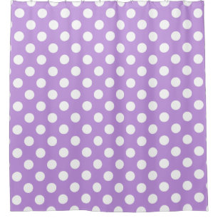 White polka dots on lilac shower curtain