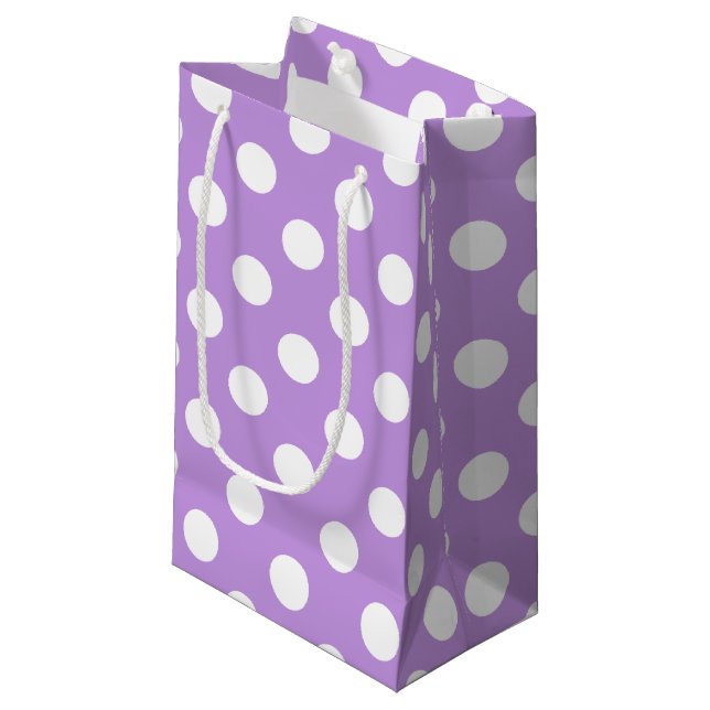 White polka dots on lilac small gift bag (Front Angled)