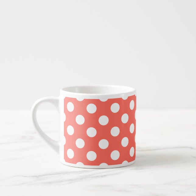 White polka dots on living coral espresso cup (Left)
