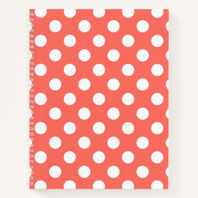 White polka dots on living coral notebook (Front)