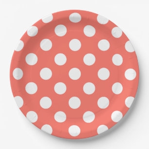 White polka dots on living coral paper plates