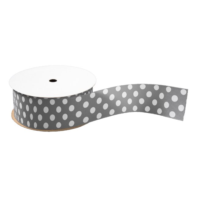White Polka Dots on Medium Gray Grosgrain Ribbon (Spool)