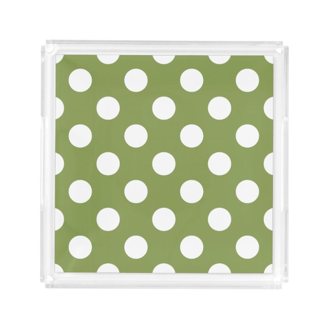 White polka dots on olive green acrylic tray (Front)
