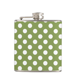 White polka dots on olive green hip flask