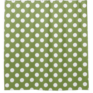 White polka dots on olive green shower curtain