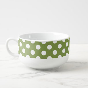 White polka dots on olive green soup mug